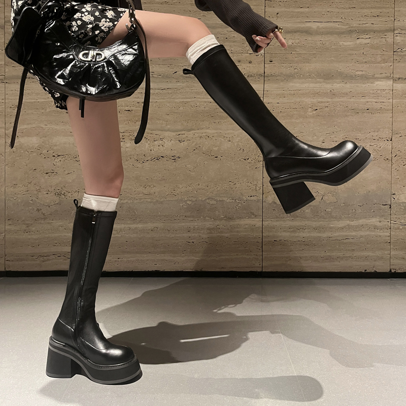 爆款高跟长筒骑士圆头弹力高筒靴