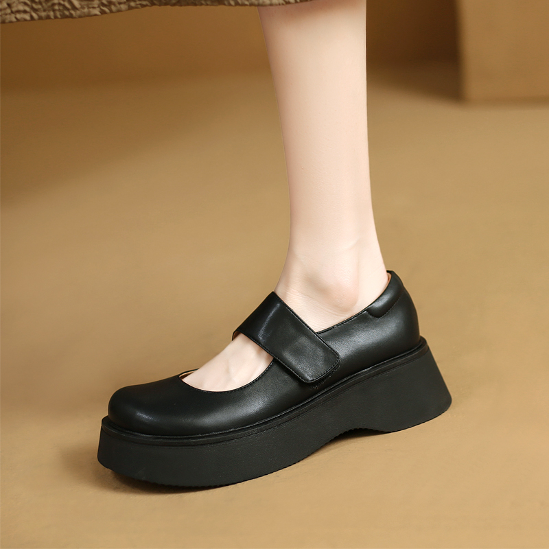 浅口单鞋魔术贴复古风厚底小皮鞋