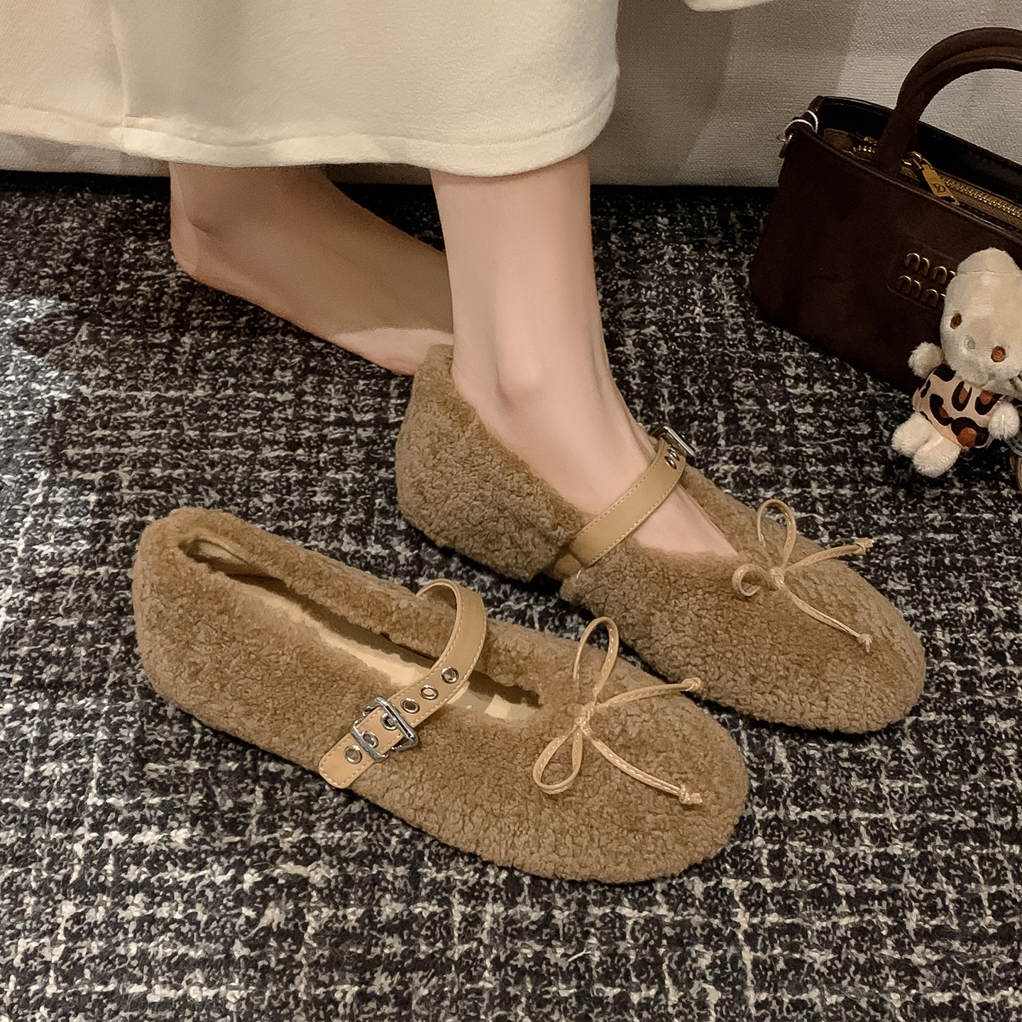 蝴蝶结毛毛鞋内增高芭蕾舞单鞋