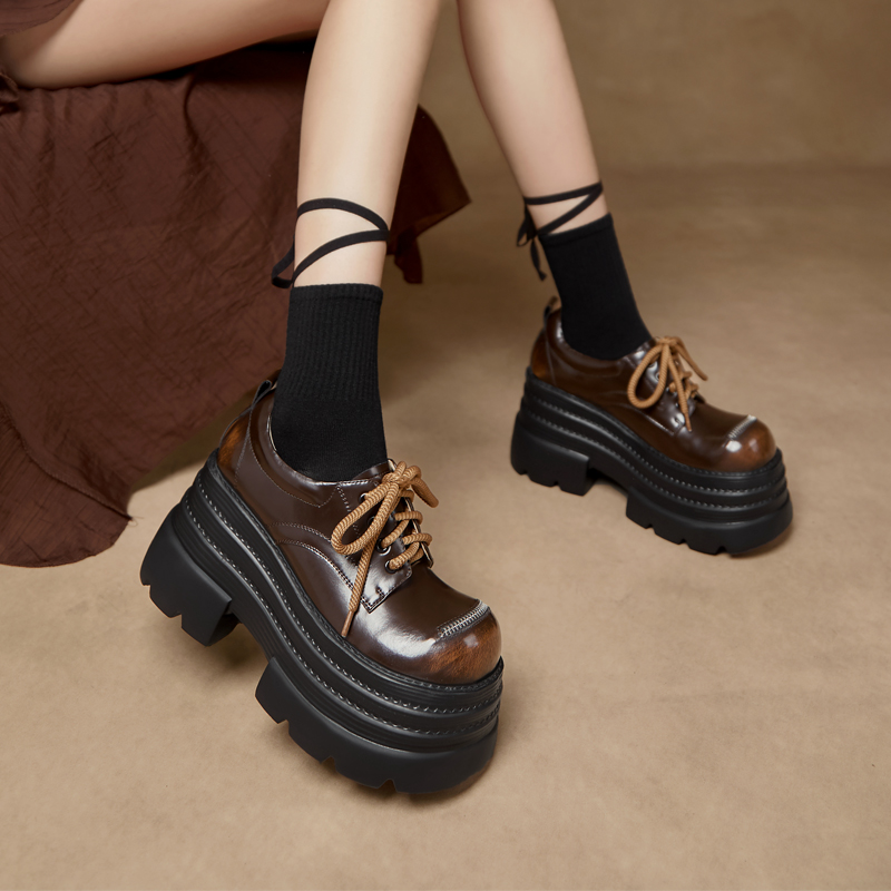 增高单鞋超高跟真皮系带休闲女鞋