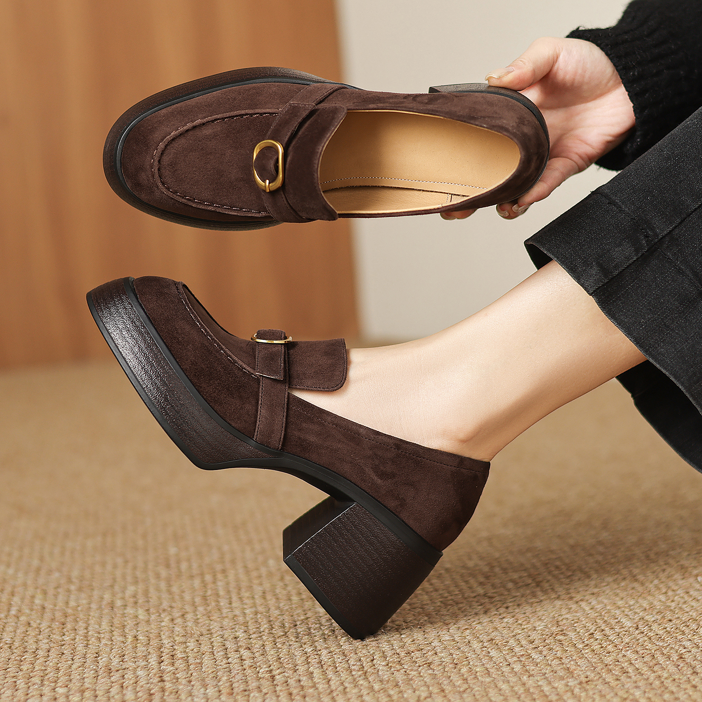 7cm复古磨砂皮乐福鞋女加绒保暖