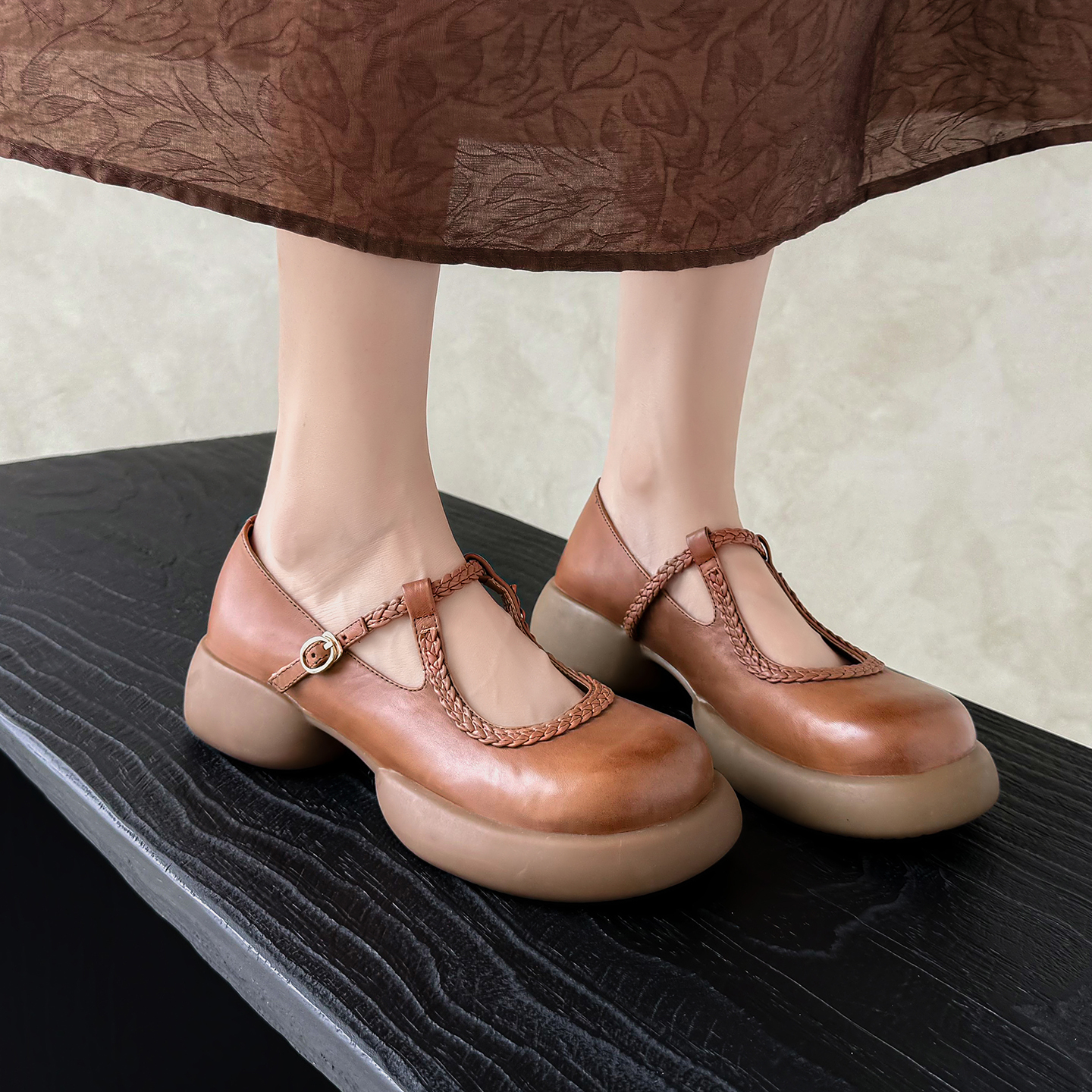 编织扣带圆头小皮鞋真皮玛丽珍鞋