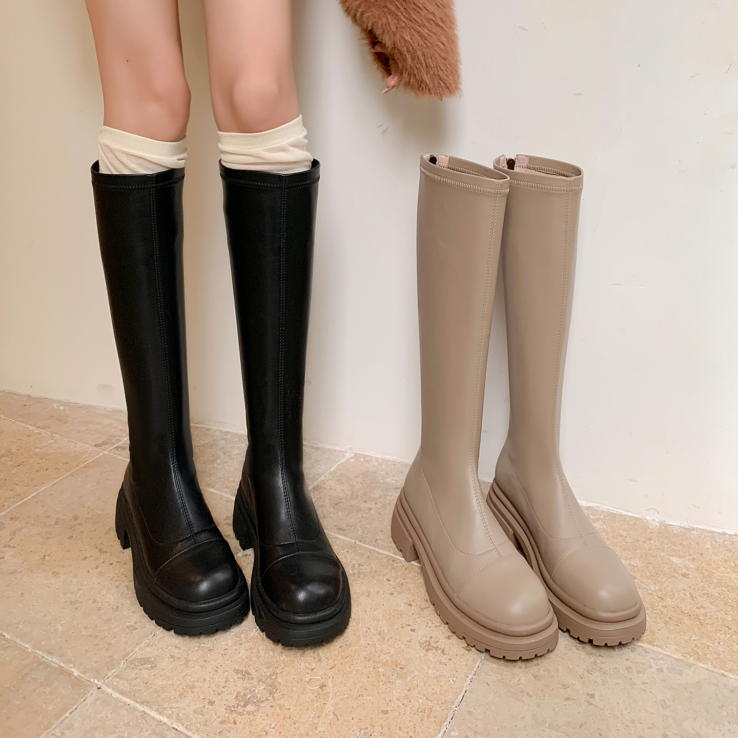 弹力瘦瘦靴厚底百搭不过膝长靴