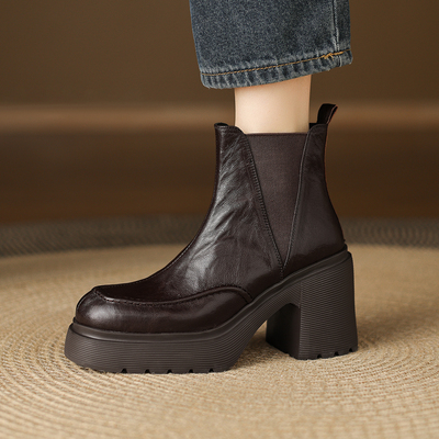 新款羊皮厚底超高跟切尔西短靴