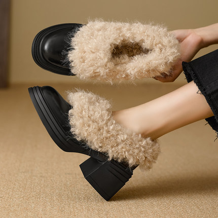 7cm粗跟乐福鞋女2025冬季新款一脚蹬保暖单鞋百搭真皮加绒小皮鞋