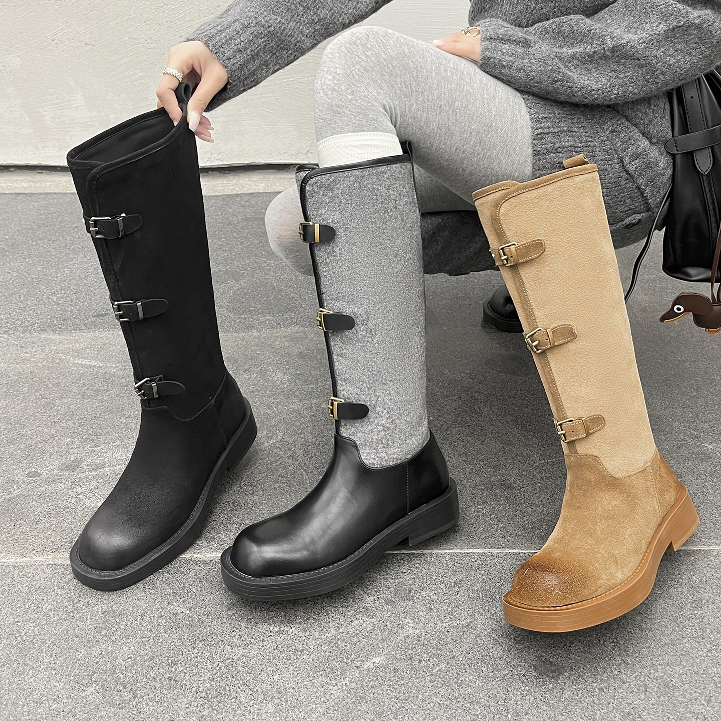 时尚皮带扣粗跟真皮高筒骑士靴
