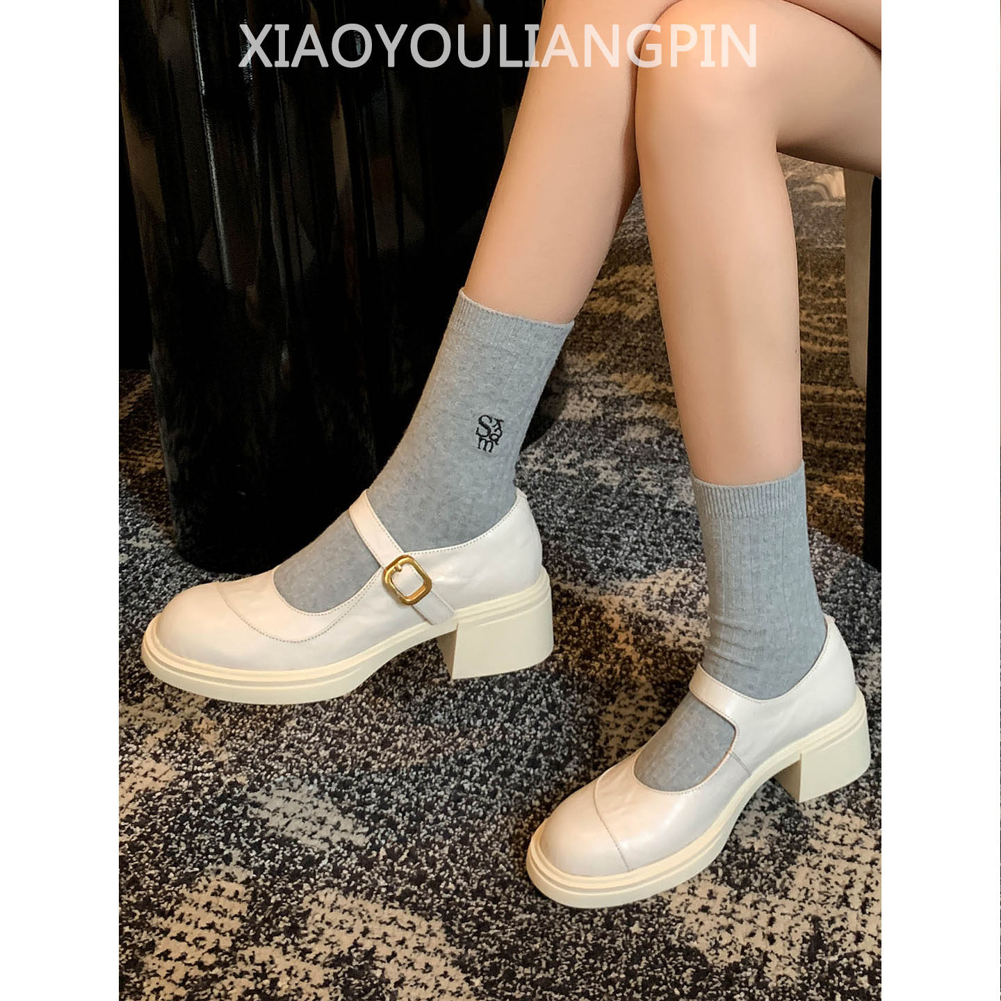 5.5cm真皮米白色厚底高跟鞋女粗跟单鞋2026新款一字扣带玛丽珍鞋