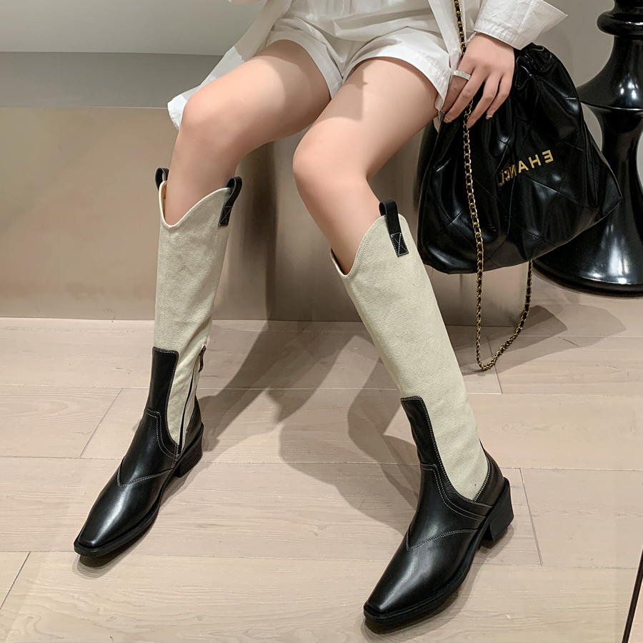 小众粗跟真皮欧美拼色西部牛仔靴