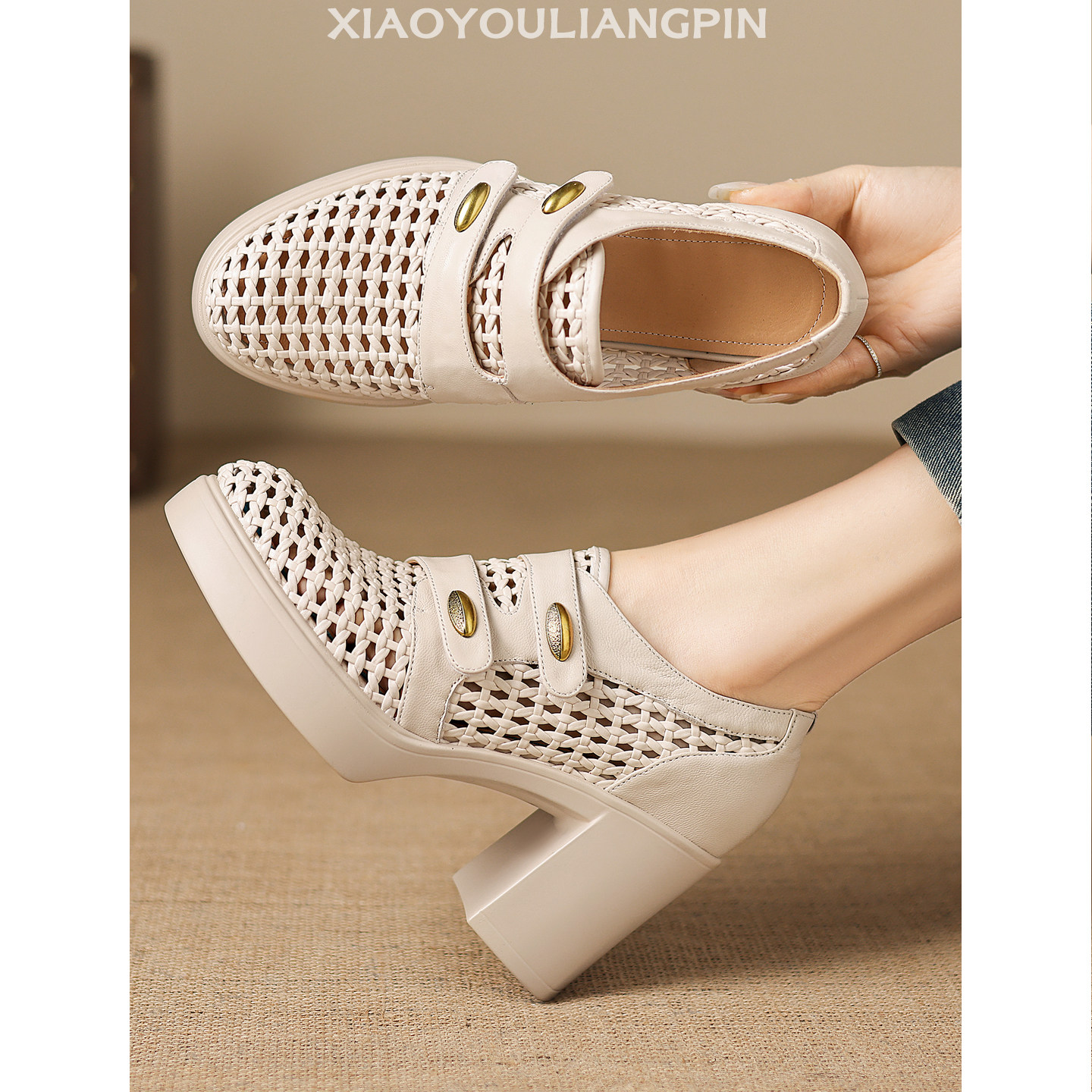 小悠~时尚镂空编织深口单鞋2026新款春夏魔术贴真皮休闲高跟鞋女