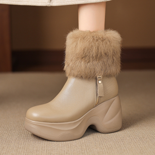 9cm厚底雪地靴女2025新款 真皮增高保暖毛毛短靴东北加绒加厚棉鞋