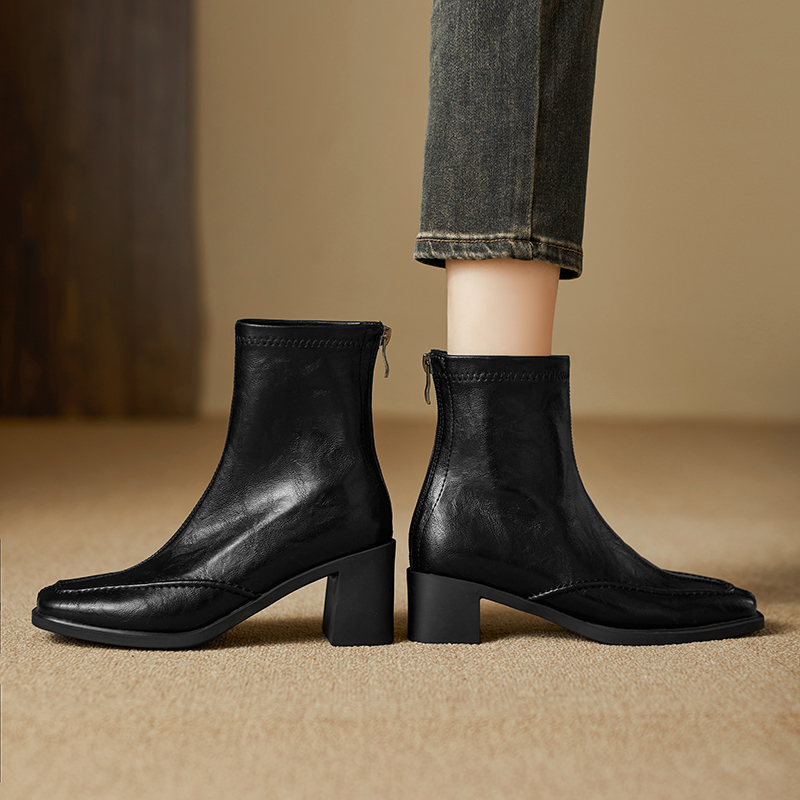 粗跟高跟复古短靴子女百搭通勤