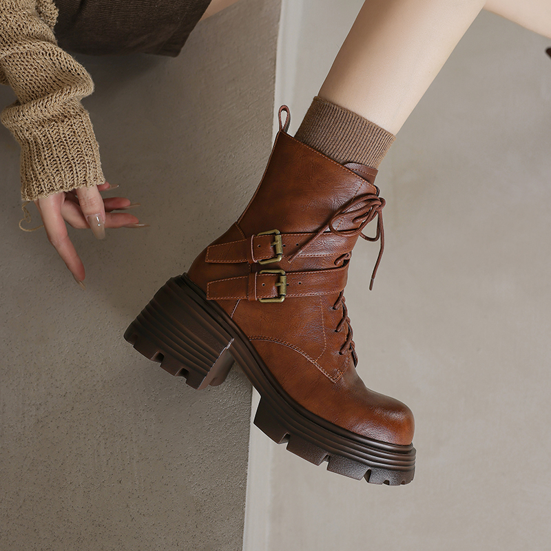 秋冬英伦风复古厚底机车短靴小众