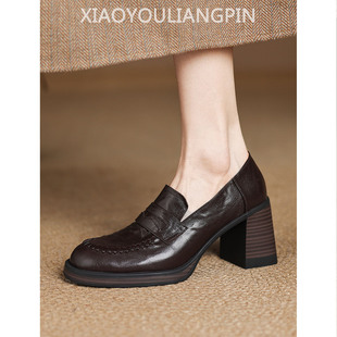 粗跟真皮通勤一脚蹬单鞋 英伦小皮鞋 女2026年新款 7.5cm高跟乐福鞋