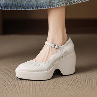 百搭不累脚真皮尖头玛丽珍鞋 9cm厚底增高坡跟浅口单鞋 女2025新款