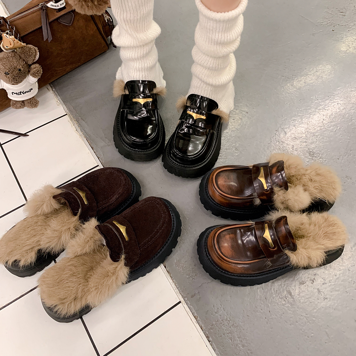 5m厚底高跟毛毛勃肯拖鞋女