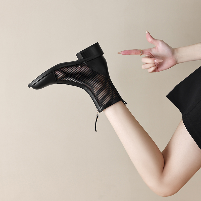 网纱凉靴女2025年夏季新款真皮马丁靴女透气镂空薄款粗跟短靴大码