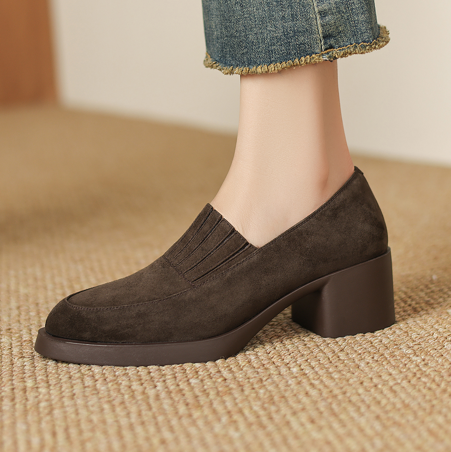 5cm磨砂羊皮翻毛皮厚底乐福鞋女