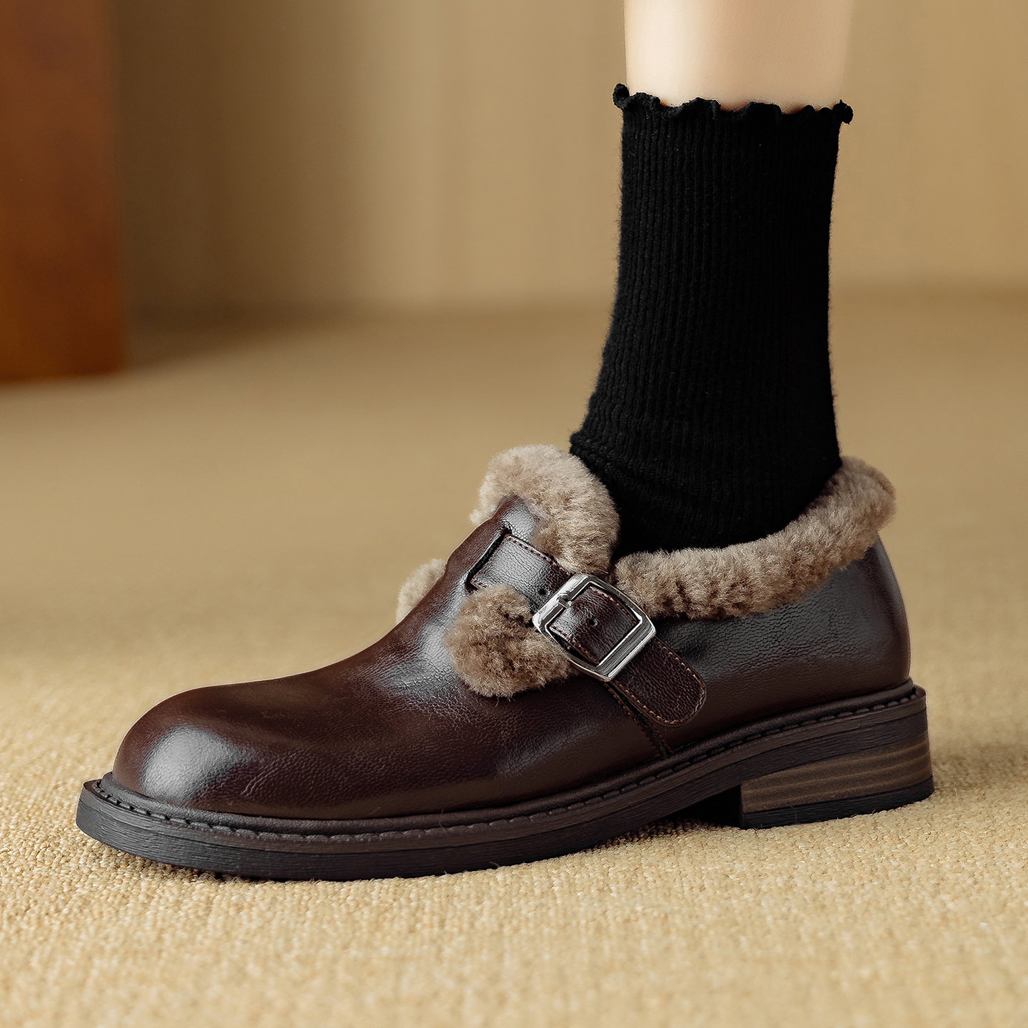 羊羔毛勃肯鞋加绒一脚蹬小皮鞋