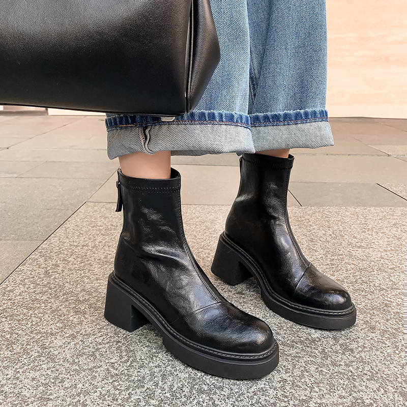 瘦瘦靴美拉德棕弹力靴高跟马丁靴