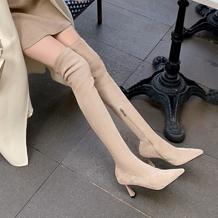 7.5cm尖头细高跟弹力瘦瘦靴女2025新款包腿过膝靴百搭绒面长筒靴