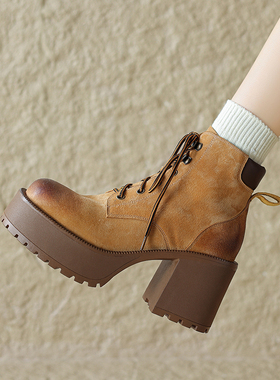 真皮厚底系带马丁靴女英伦风黄色百搭及踝靴舒适增高显瘦高跟短靴