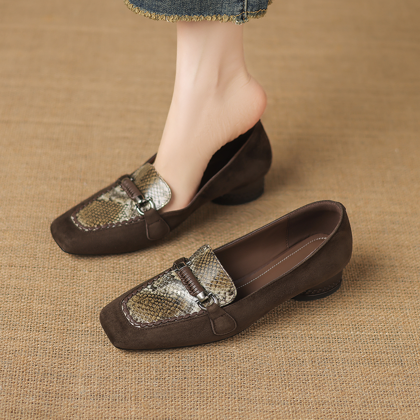 3cm法式真皮方头乐福鞋女