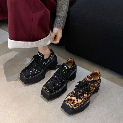 马毛豹纹猪鼻子鞋真皮小皮鞋女