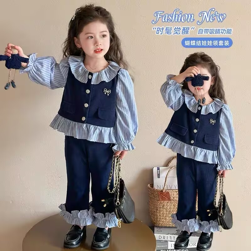 女童秋季套装2025新款儿童韩版假两件衬衫花边喇叭裤女宝宝两件套