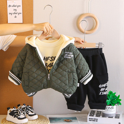 男童冬季洋气2025加绒加厚三件套1-6岁女宝宝冬装婴儿棉衣潮外套
