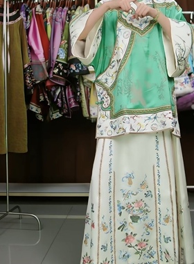 罗绮者精品系列新中式斜襟绿色刺绣大袖衫+鹅黄色三层纱裤春秋款