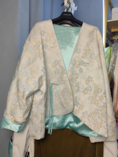 罗绮者新中式薄荷绿提花外套对襟凹凸肌理刻花大袖衫上衣浅蓝色女