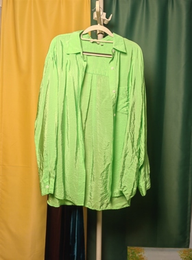 罗绮者韩系时尚荧光绿色减龄衬衫女百搭宽松上衣咖啡色花朵蓬蓬裙