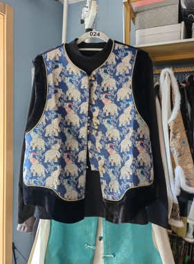 罗绮者24号藏蓝色小象织锦马甲拼接丝绒显瘦马甲+弹力德绒打底衫