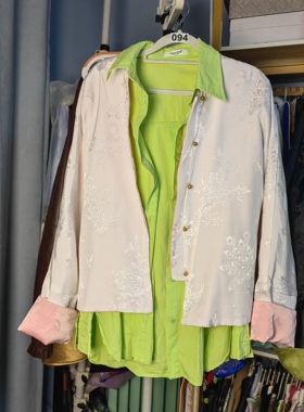 罗绮者94号新中式缎面重工老软缎丝绸提花外套女+绿色纯棉设计衫