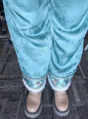 罗绮者蓝色提花棉裤新中式刺绣夹棉裤显瘦显高不臃肿+高品质外套