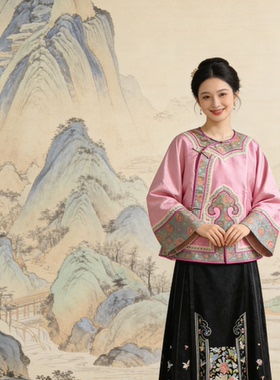 罗绮者100%桑蚕丝织锦缎斜襟如意盘扣上衣+黑提花刺绣一片式长裙