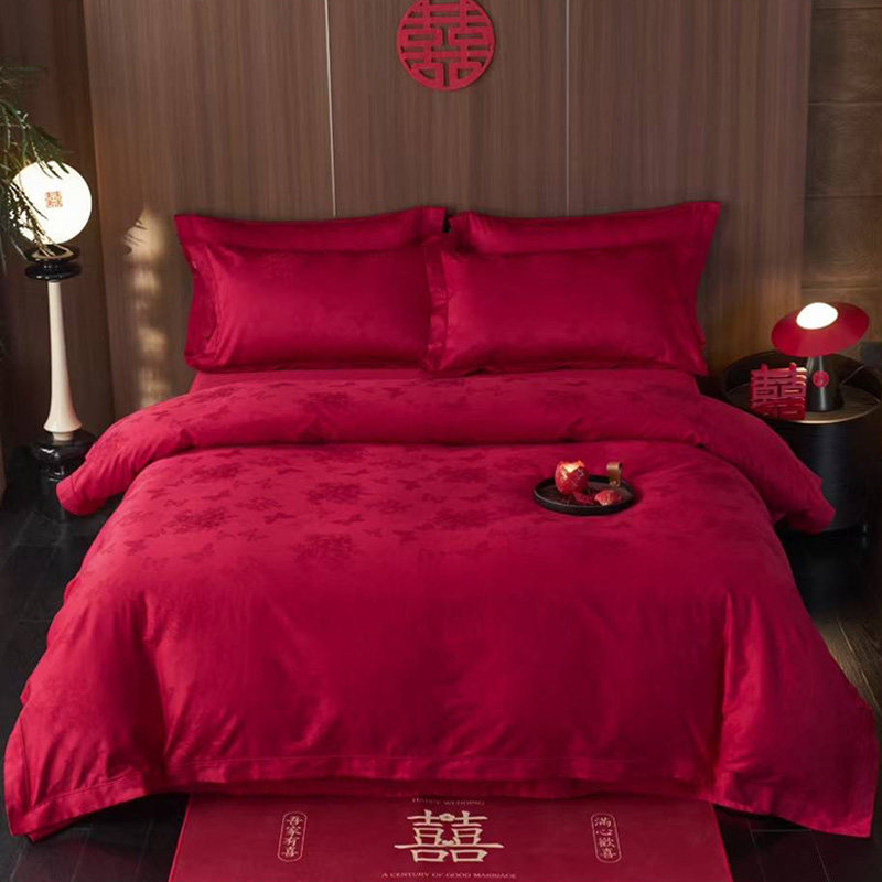 特价高端红色婚庆四件套 100支全棉贡缎提花结婚4件套 纯棉床品