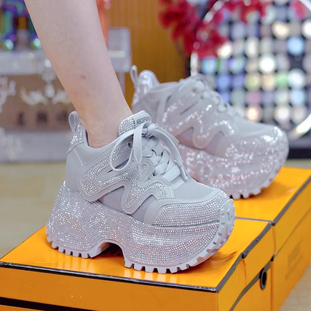 2025秋季新款 9cm小个子满钻厚底增高老爹鞋百搭网面厚底休闲鞋女