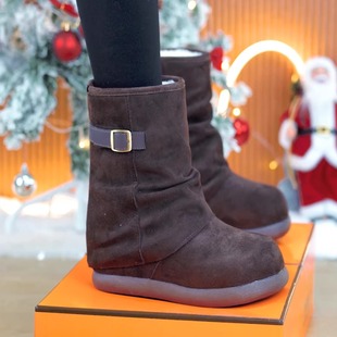 管中筒短靴女潮 百搭增高加绒保暖雪地靴9cm皮带扣裤 2025冬季 新款