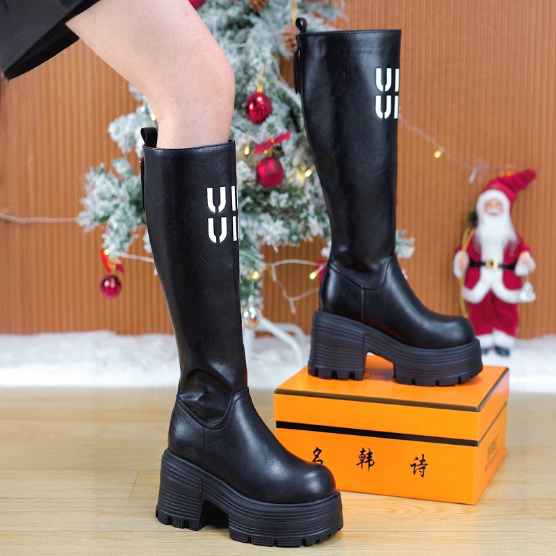 10cm粗跟长筒增高靴女2025秋冬款厚底瘦瘦靴不过膝长靴