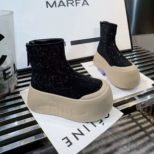 小个子增高9cm大棉短靴冬季 加绒保暖满天星水钻厚底马丁靴大棉靴