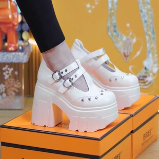 夏季新款厚底玛丽珍鞋女铆钉双扣带内增高松糕鞋11cm小个子单鞋