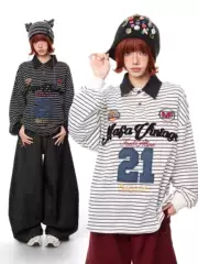 K787 American Retro Striped Sporty Lapel Polo Shirt Unisex Style Top ins Loose Long-Sleeved T-Shirt