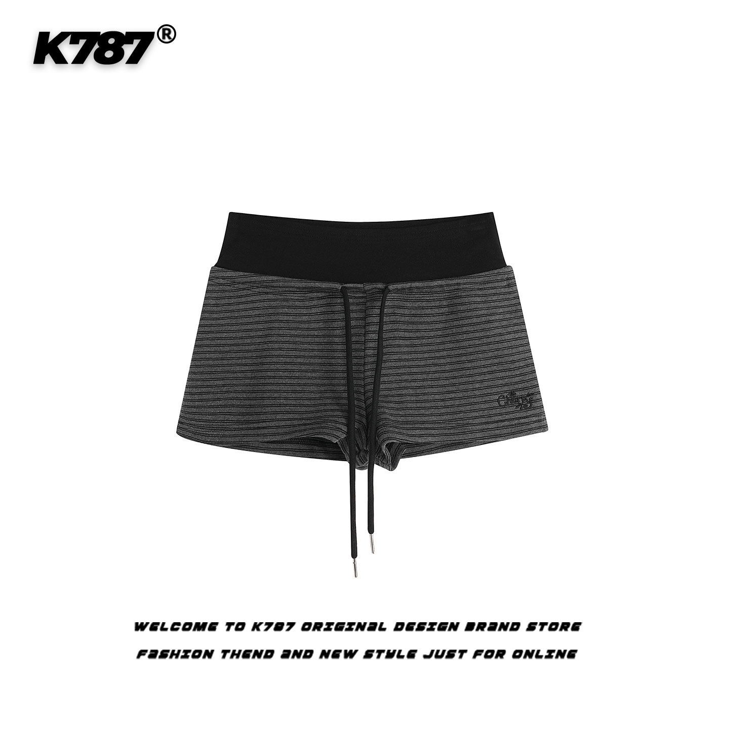 thumbnail for K787 American vintage striped lace-up contrast shorts female hot girl embroidery sporty style casual color blocking slimming hot pants