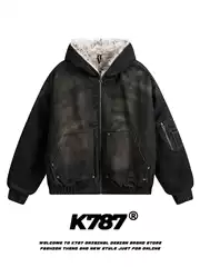 K787 Chinese Style Thickened Fur Collar Denim Hooded Cotton Jacket for Men and Women, Washed and Distressed, Couple's Hooded Cotton Coat for Winter