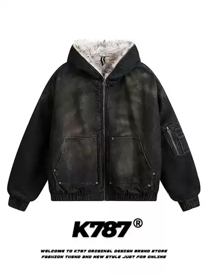 K787 Chinese Style Thickened Fur Collar Denim Hooded Cotton Jacket for Men and Women, Washed and Distressed, Couple's Hooded Cotton Coat for Winter