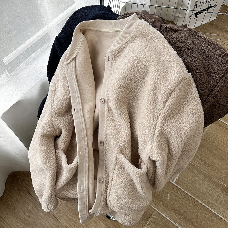 毛茸茸羊羔毛纽扣外套加绒加厚