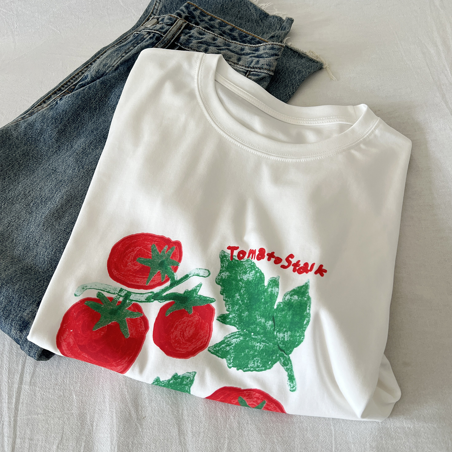 美式番茄印花短袖t恤女夏季白色设计感宽松显瘦圆领休闲百搭上衣