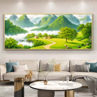 客厅无水挂画生金风景背景墙沙发有山壁画装饰画宝地新中式办公室