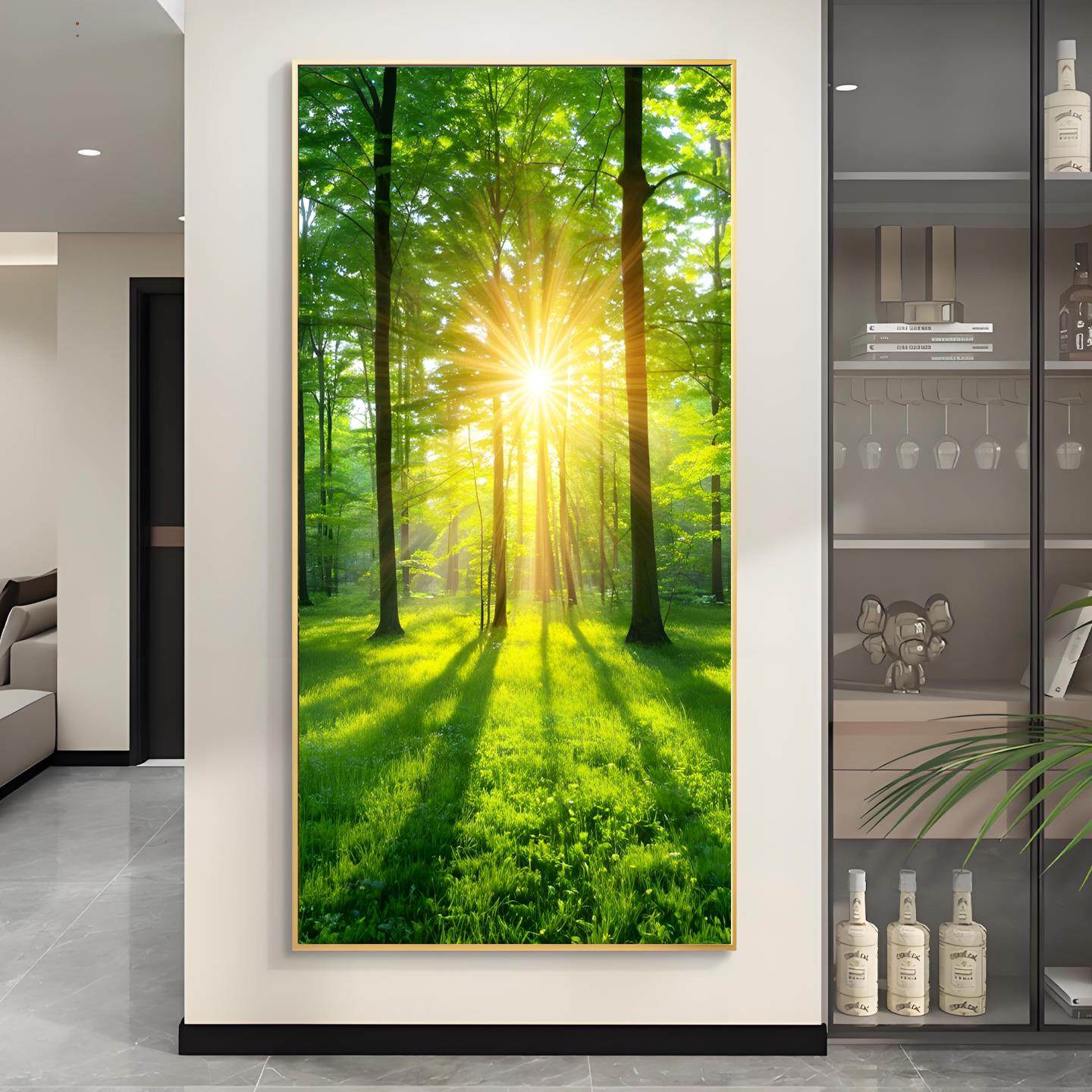 森林山水入户装饰画旭日东升道玄关客厅挂画风景正对门过走廊壁画